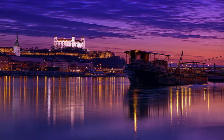 Bratislava, building, castle, church, clouds, Hill, night, reflection