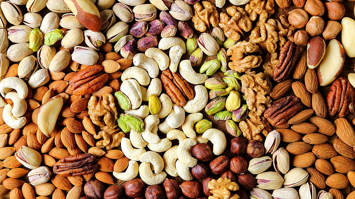 colorful, food, nuts, walnuts, pistachios, hazelnut, HD wallpaper