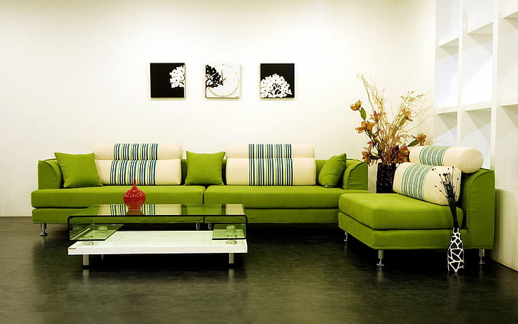 Modern Green Sofa, living room, design, background, furniture, HD wallpaper