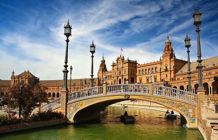 bridge, river, boats, lights, Spain, Seville, Andalusia, Espana
