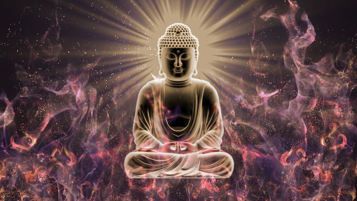 digital art, Buddha, Buddhism, meditation, glowing, fire, sitting