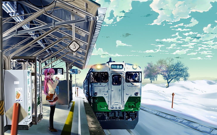 pink-haired female anime character wallpaper, train, winter, train station, HD wallpaper