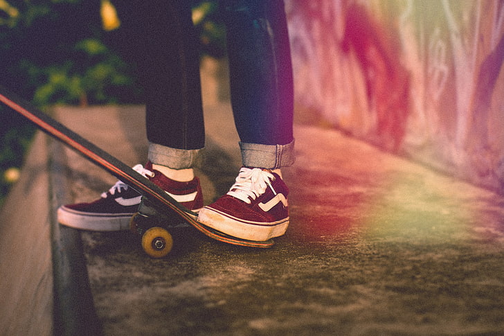 pair of black Vans Old Skool sneakers, skateboard, legs, hobby