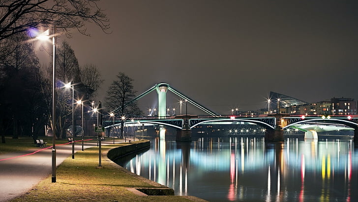 bridge, nigth, river, boat, lights, park, HD wallpaper