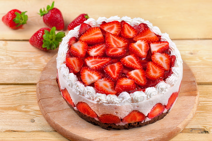 strawberry cake, berries, food, cream, dessert, sweet, cheesecake, HD wallpaper