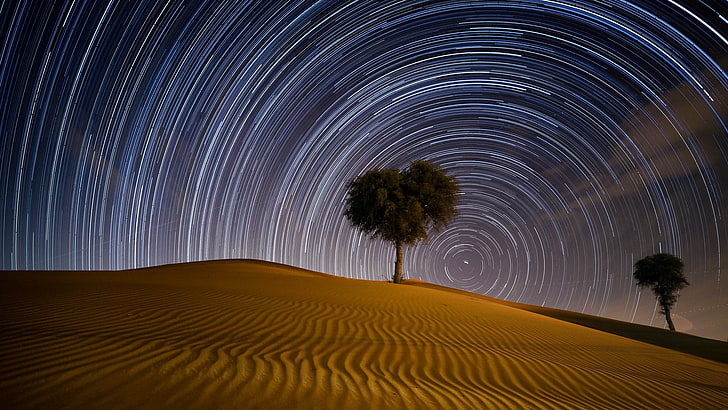 desert, night, star trails, Dubai, sky, star - space, astronomy, HD wallpaper