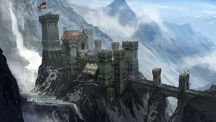castle illustration, gray concrete castle on snow-capped mountain