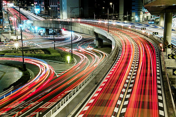 road, long exposure, light trails, Japan, cityscape, HD wallpaper