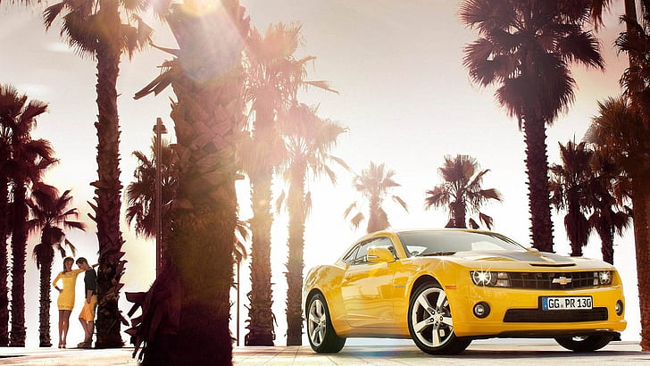 eu chevrolet camaro palm trees yellow cars Cars Chevrolet HD Art, HD wallpaper