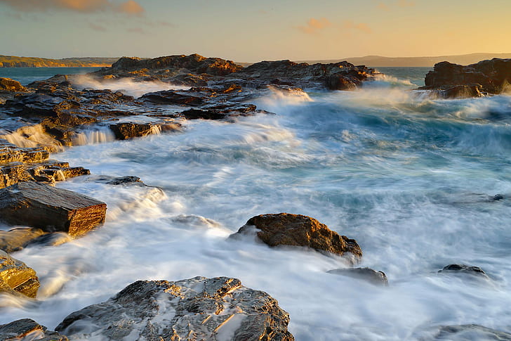 rocks on seashore, Incoming Tide, sky, coast, Gwithian, Cornwall