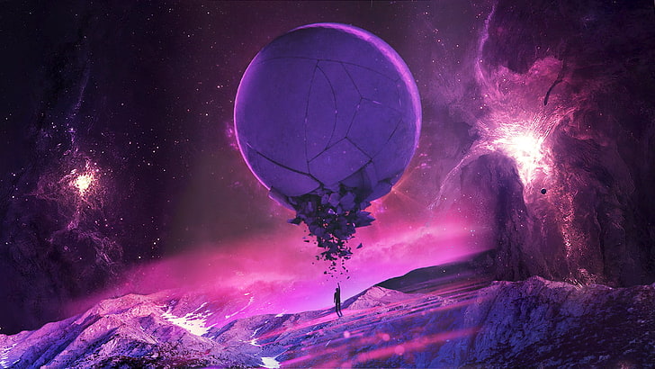 purple planet illustration, pink, universe, stars, fantasy art
