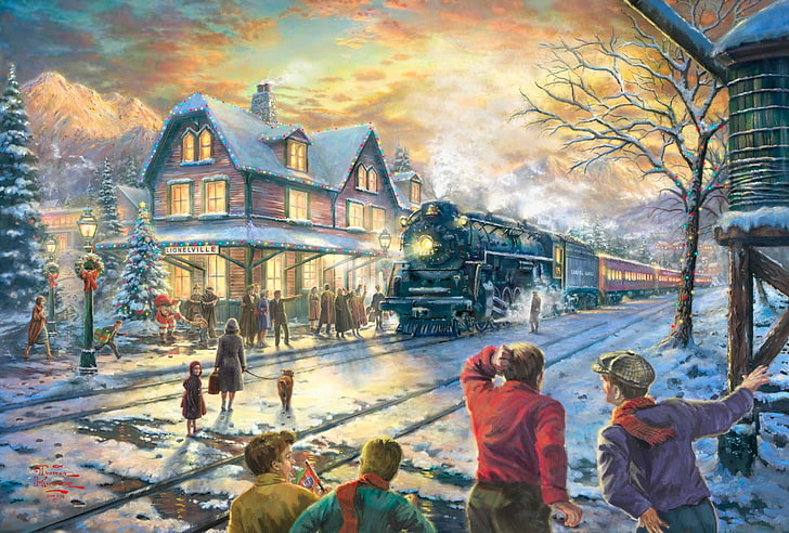painting of people near train and brown house during winter, snow