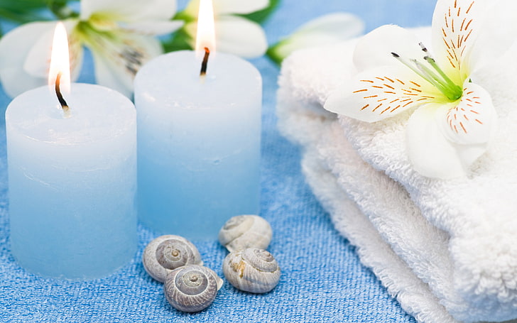 two white candles, flowers, flame, tenderness, towel, Spa, spa Treatment, HD wallpaper