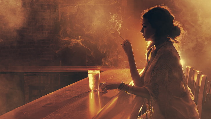 women's white nightgown, girl, light, glass, smoke, bar, cigarette