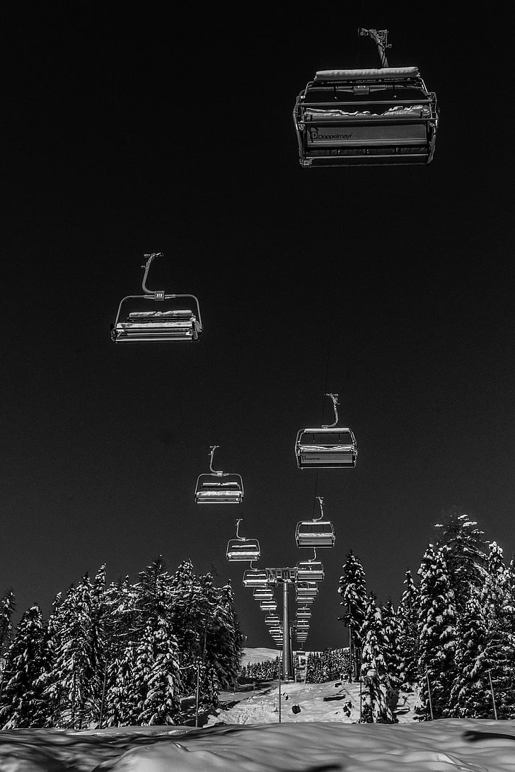 gray cable cars, ski lift, winter, bw, snow, no people, tree