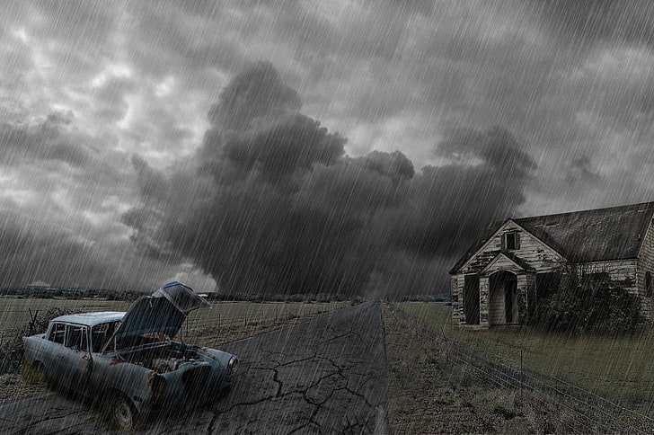 landscape, rain, old building, old car, road, storm, cloud - sky