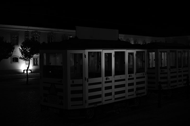 rectangular white wooden garden shed, monochrome, building, night