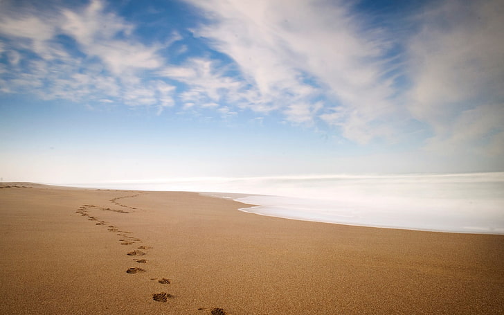 beach, sky, footprints, clouds, sea, sand, land, scenics - nature, HD wallpaper