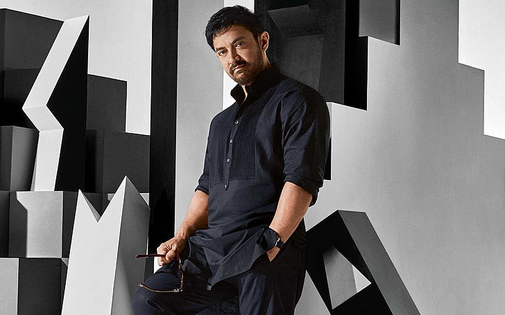 Aamir Khan 2016, men's black half-button shirt, Male Celebrities, HD wallpaper