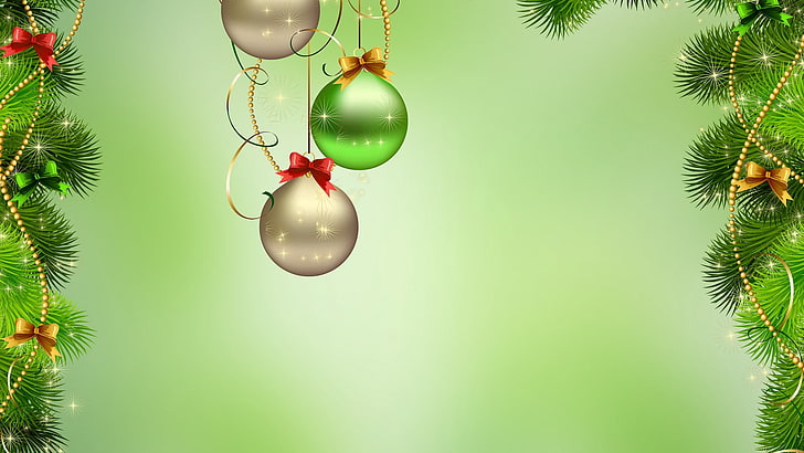 silver and green Christmas baubles illustration, new year, balls, HD wallpaper