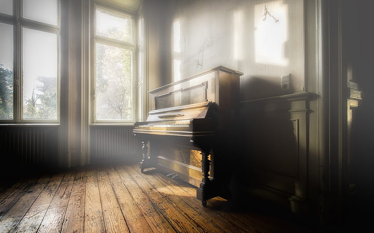 Piano, music, room, sun rays, brown and black upright piano