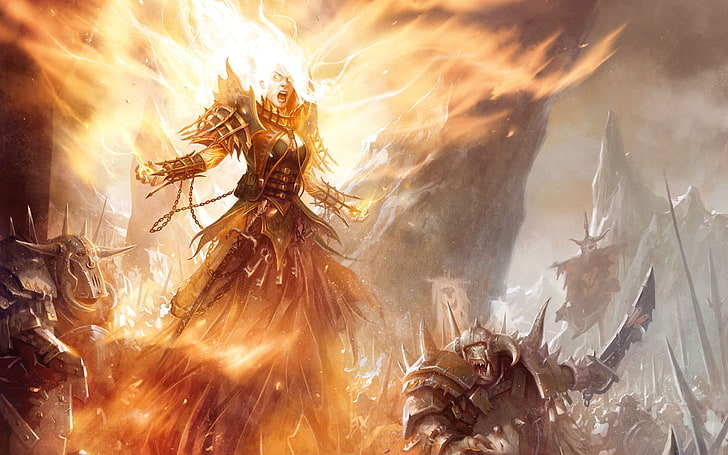 flaming game character wallpaper, Warhammer, magic, fantasy art