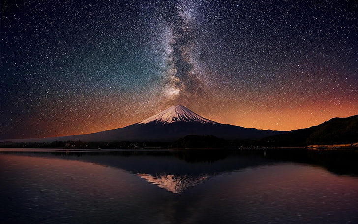black and white mountain, Mount Fuji, Japan, Milky Way, volcano