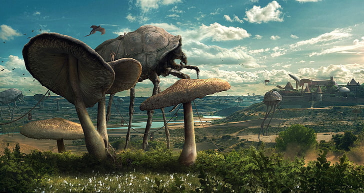 beige mushrooms and large creatures digital wallpaper, science fiction