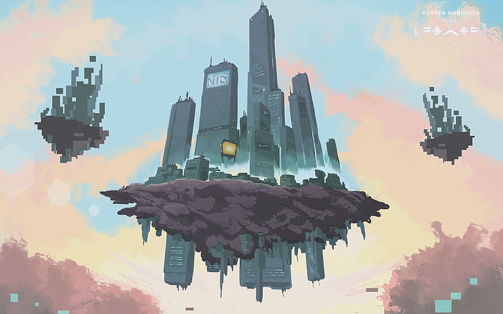 high rise buildings graphic wallpaper, Porter Robinson, drawing