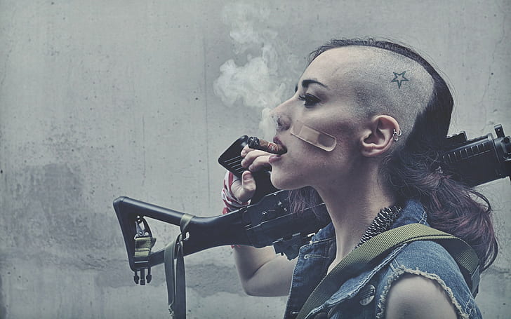 badass, one person, young adult, women, portrait, holding, smoke - physical structure, HD wallpaper