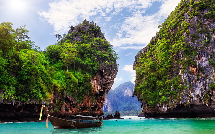 Ao Nang, Krabi, Thailand, bay, ocean, boat, rocks, mountains, rock monolith, HD wallpaper