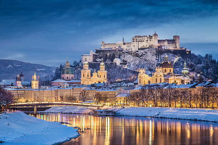 Castles, Hohensalzburg Castle, Austria, Evening, River, Snow