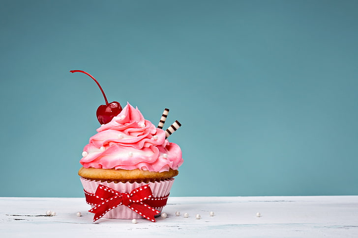 bow, cake, cream, Happy Birthday, pink, sweet, cupcake, dessert