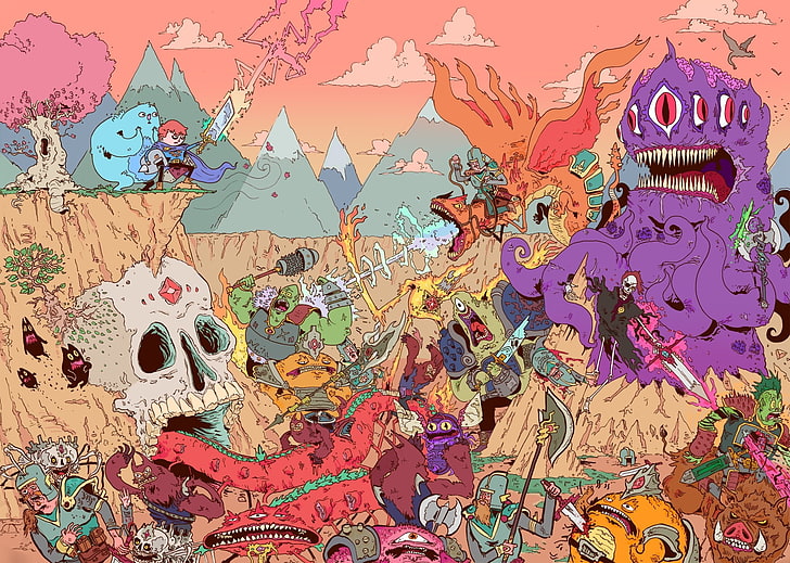 demon-themed illustration, LSD, shrooms, representation, multi colored
