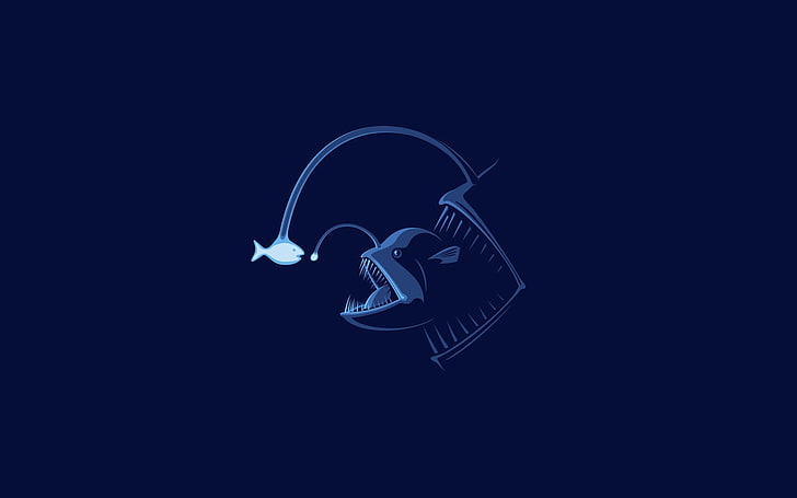 anglerfish illustration, simple, minimalism, blue, sea, blue background, HD wallpaper