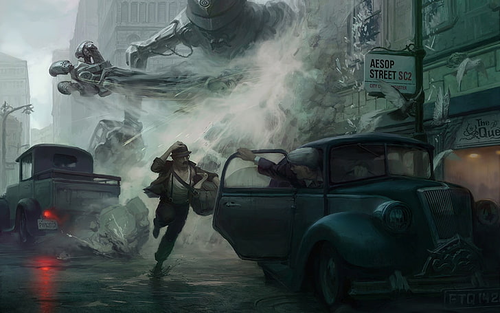 person running away from gray robot illustration, fantasy art