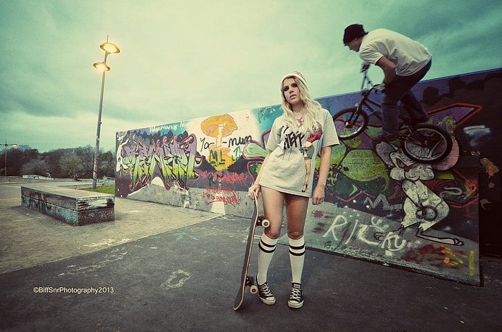 women's white and red t-shirt, blonde, skateboard, city, BMX