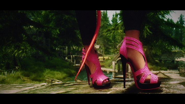 pink-and-black peep-toe platform stilettos, tartan, horns, grass
