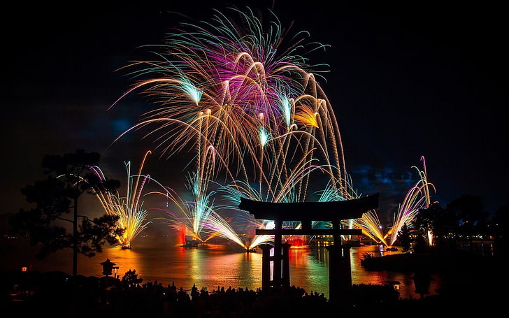 photography, fireworks, night, city, Japan, illuminated, motion, HD wallpaper