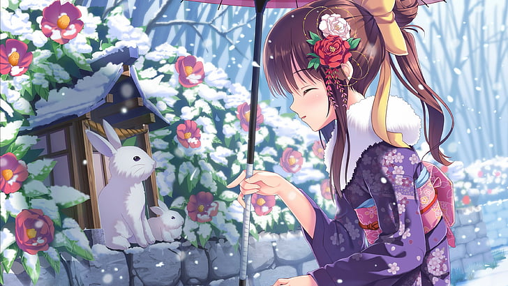 anime, girl, beauty, winter, rabbits, snow, 4k, HD wallpaper