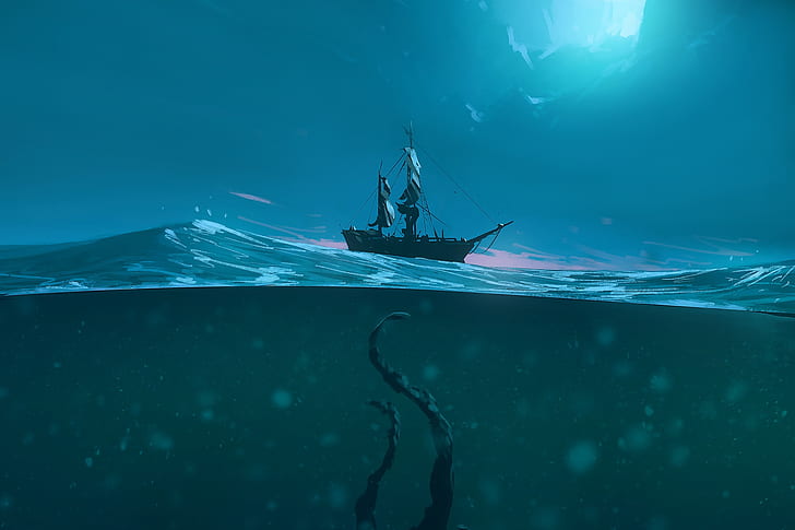 HD wallpaper: Fantasy, Sea Monster, Boat, Ocean | Wallpaper Flare