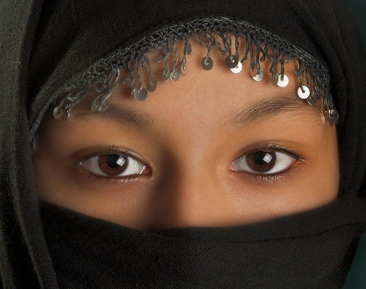 women's black hijab, veil, face, girl, brown eyes, islam, religious Veil, HD wallpaper
