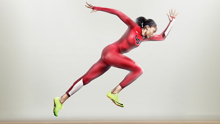 running, red, women, Allyson Felix, nike, athlete, full length, HD wallpaper