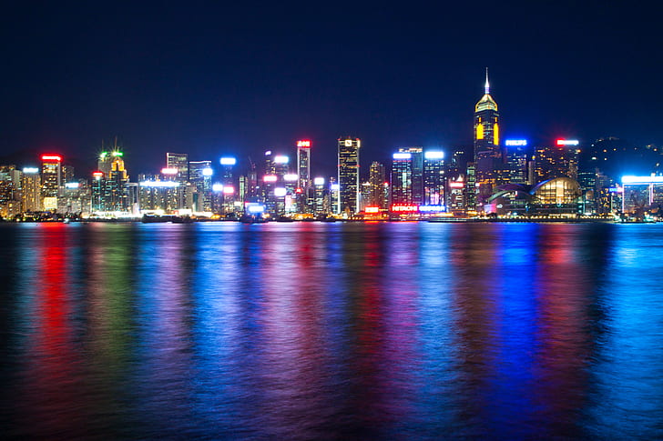 sea, night, lights, Hong Kong, skyscrapers, backlight, China, HD wallpaper
