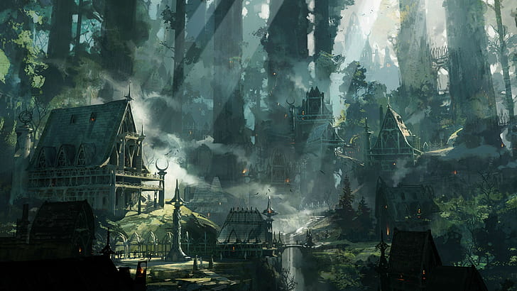 fantasy art, mist, trees, villages, forest, cabin