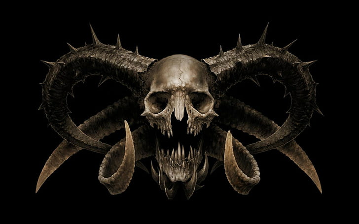 digital art creature skull horns demon fangs teeth devils black background death spooky horror, HD wallpaper
