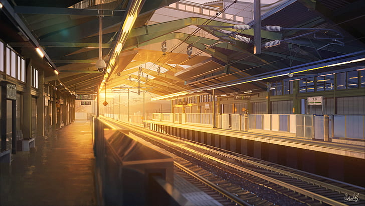 anime, sunset, train station, moescape