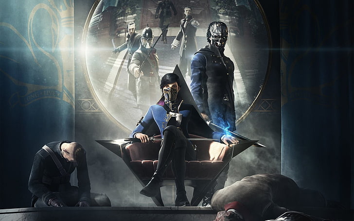 character man sitting beside man standing wallpaper, dishonored 2