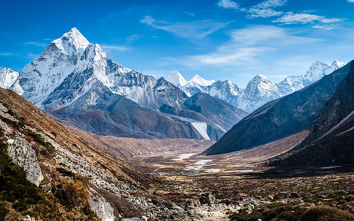 Ama Dablam Watches Over The Path To Pheriche, blue, brown, landscape