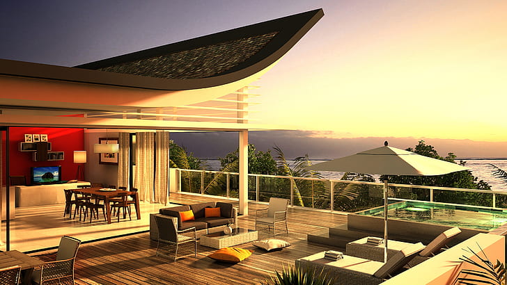 Luxury Villa Terrace View, sea view, furniture, pool, house design, HD wallpaper